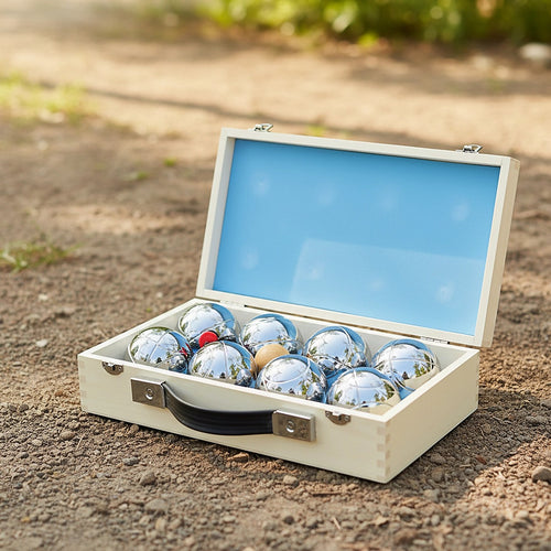 Deluxe Boules Bocce 8 Alloy Ball Set with Wood Case
