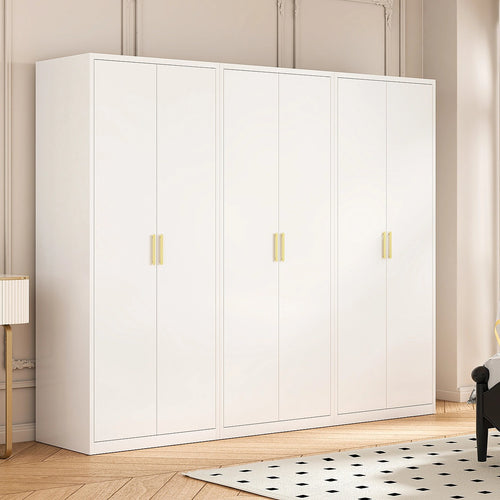 240x200cm 6-Door White Steel 2 Hanging and 1 Shelf Wardrobe with Gold Handle Storage Cabinet