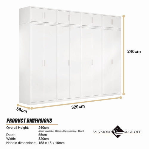 320x240cm 8-Door White Steel 2 Hanging and 2 Shelf Wardrobe with White Handle Storage Cabinet
