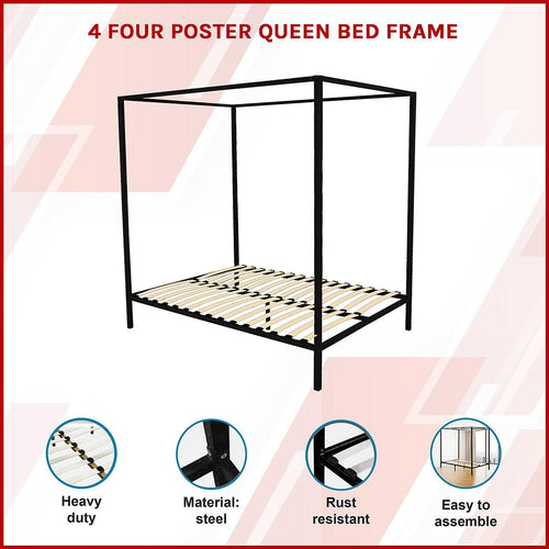 4 Four Poster Queen Bed Frame - Black
