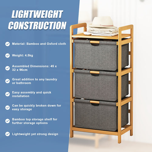 Bamboo Shelf with Storage Hamper – Wooden Organiser Rack with 3 Removable Laundry Bags