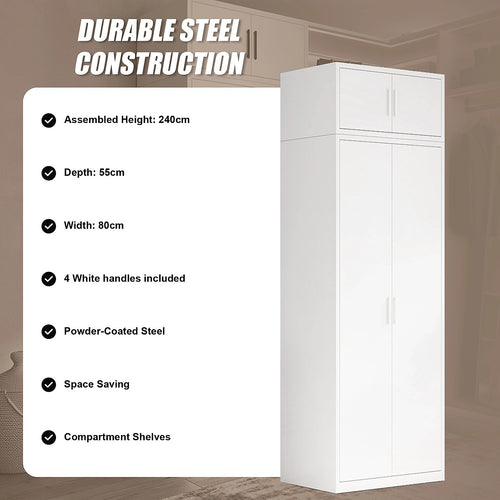 80x240cm 2-Door White Steel Shelf Wardrobe with White Handle Storage Cabinet