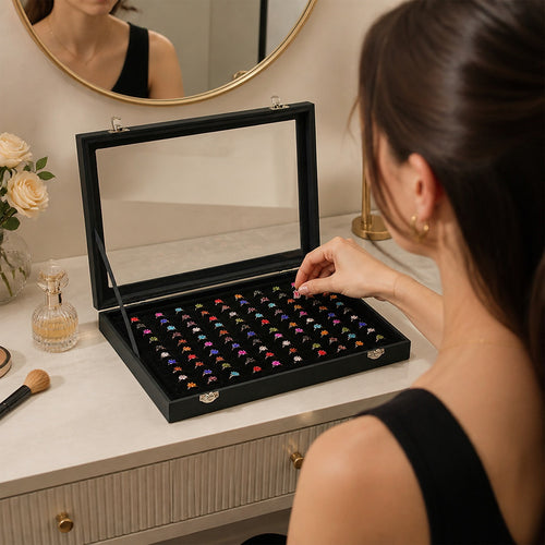 Jewellery Display Box with Glass Lid – 100 Slot Ring Storage
