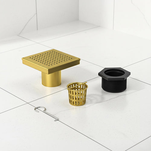 10 x 10cm Square Shower Drain with Grid Pattern Grate – Brushed Gold Stainless Steel