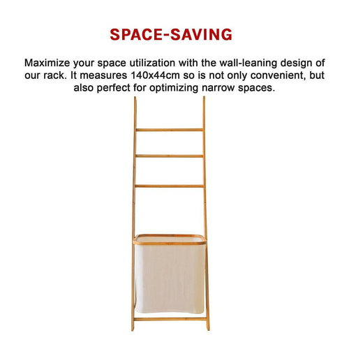 Wall Leaning Ladder Shelf with Laundry Basket Clothes Hamper Bath Towel Rack