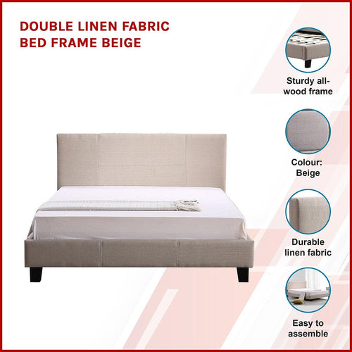 Double Bed Frame Beige Linen Fabric