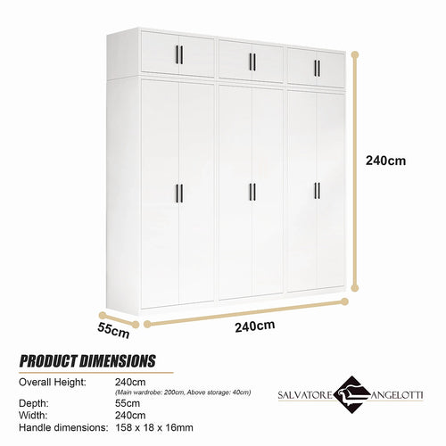 240x240cm 6-Door White Steel 1 Hanging and 2 Shelf Wardrobe with Black Handle Storage Cabinet