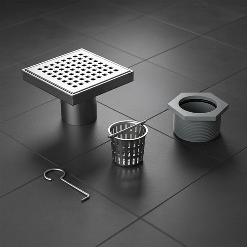 10 x 10cm Square Shower Drain with Grid Pattern Grate – Chrome Stainless Steel