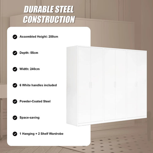 240x200cm 6-Door White Steel 1 Hanging and 2 Shelf Wardrobe with White Handle Storage Cabinet