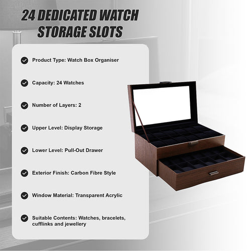Watch Box 24 Slot Display Case with Drawer & Clear Acrylic Lid