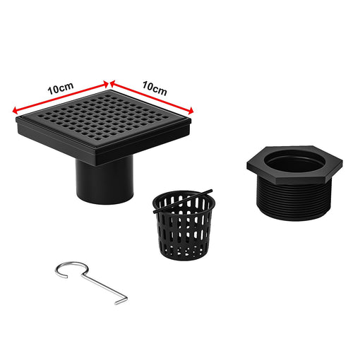 10 x 10cm Square Shower Drain with Grid Pattern Grate – Matte Black Stainless Steel