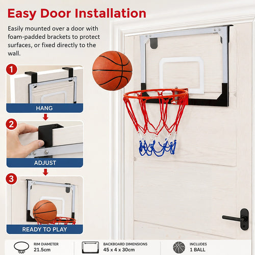 Indoor Mini Basketball Hoop Set – Door-Mounted Backboard Kit with Durable Ring & Mini Ball for Home Play