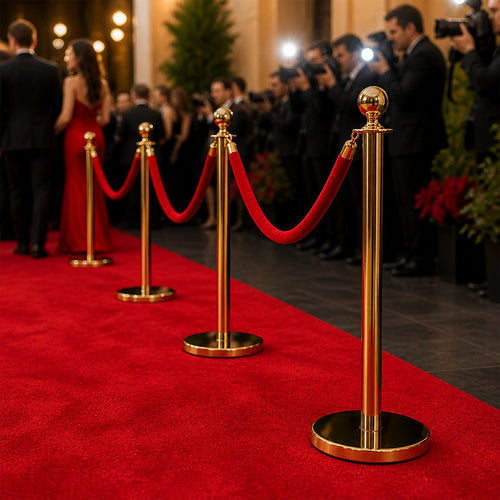 Crowd Control Bollards with 3 Red Ropes and 4 Gold Posts