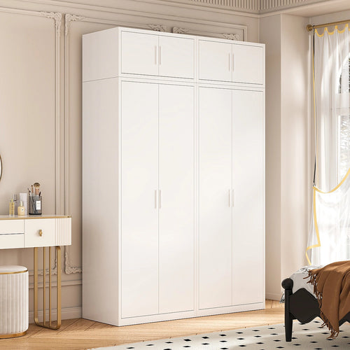 160x240cm 4-Door White Steel Hanging and Shelf Wardrobe with White Handle Storage Cabinet
