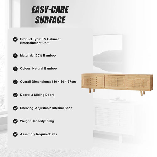 Bamboo TV Cabinet 150cm Entertainment Unit 3 Door