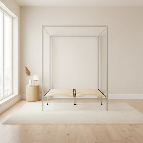 4-Poster Double Bed Frame – Sturdy Cream Modern Canopy Bed for Bedroom