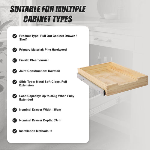 Pull Out Cabinet Drawer 35 x 53cm Pine Wood Soft Close Shelf