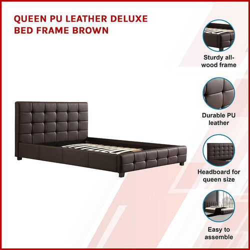 Queen Brown PU Leather Deluxe Bed Frame