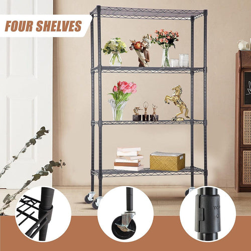 Modular Wire Storage Shelf 900 x 350 x 1800mm Steel Shelving - Baking Black Technology with Wheels