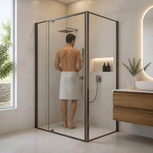 Semi-Frameless Shower Screen – Gunmetal, Front: (82~90)x195cm, Side: (77~80)x195cm