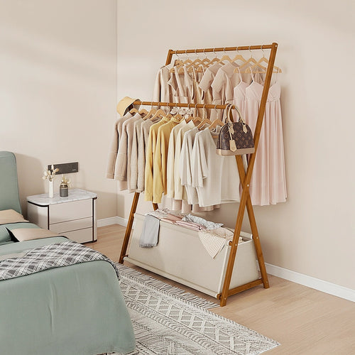 100x155cm Freestanding Clothes Rail Garment Rack in Dark Wood with Storage Shelf – Stylish, Space-Efficient Organiser