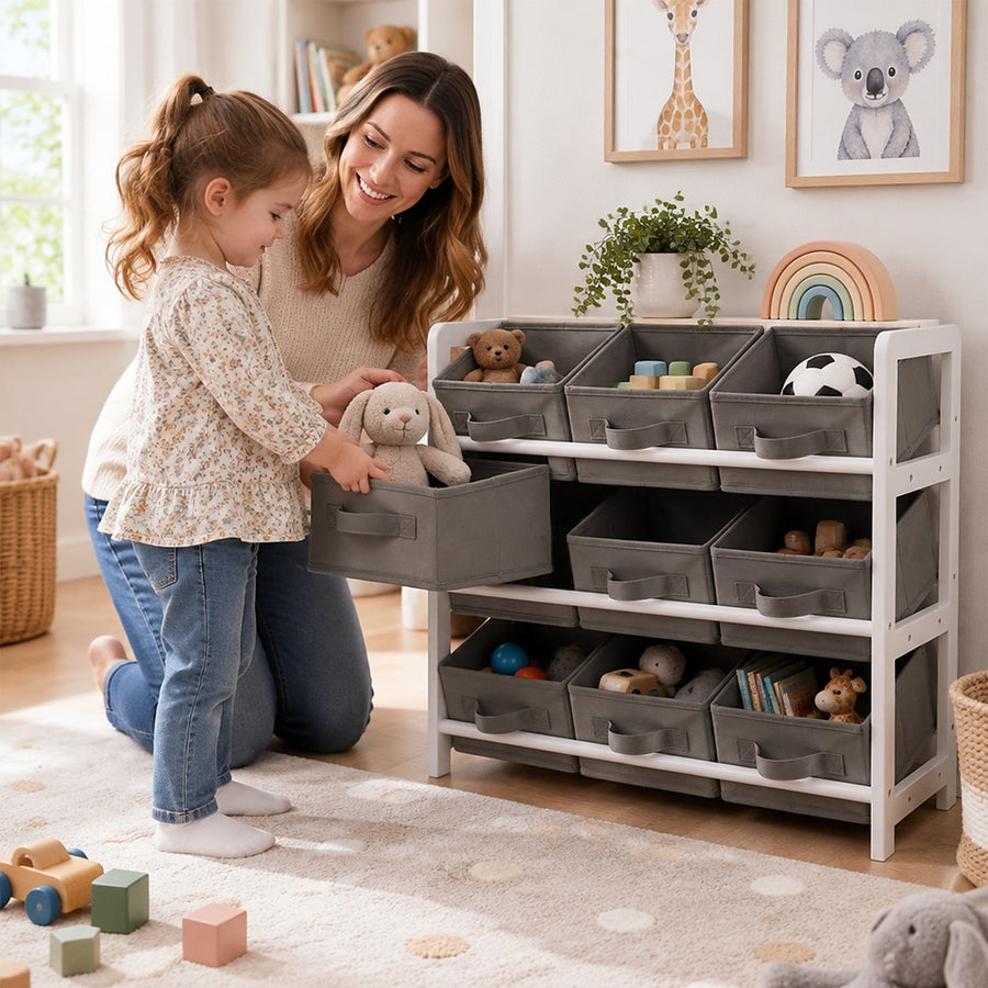 Toy Storage Unit with 9 Fabric Boxes for Kids' Bedrooms