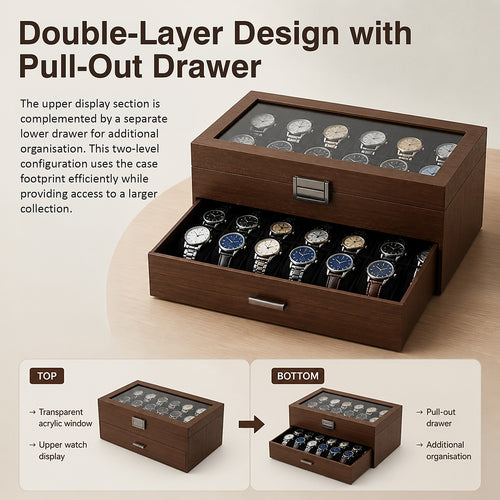Watch Box 24 Slot Display Case with Drawer & Clear Acrylic Lid