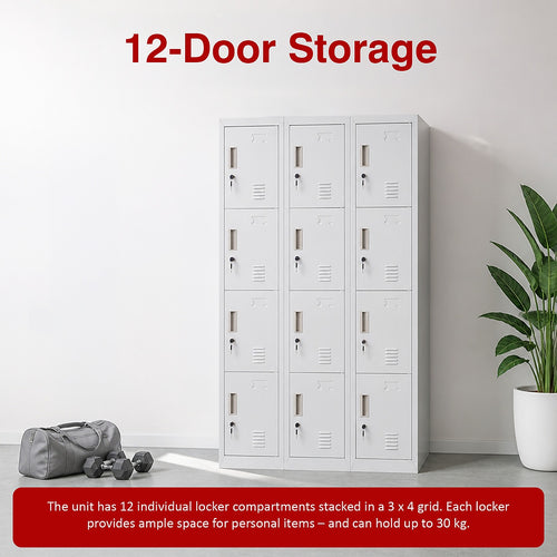 12-Door Steel Locker – Grey, Standard Lock with 2 Keys