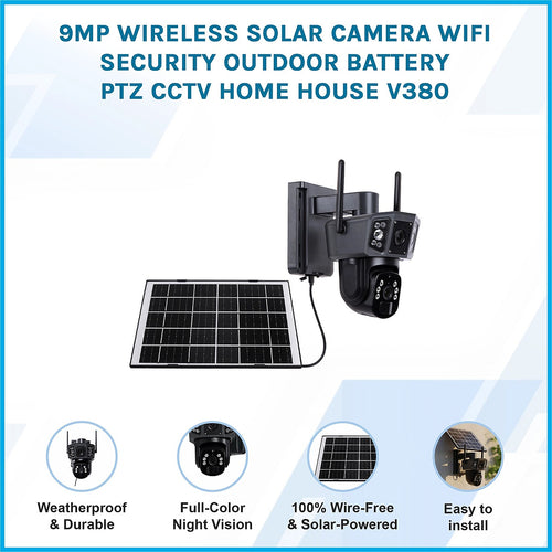 9MP Wireless Solar Security Camera – WIFI Outdoor Battery PTZ CCTV System for Home & Property