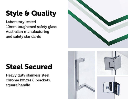 110 x 200cm Wall to Wall Frameless Shower Screen in CHROME Hardware, SQUARE Handle