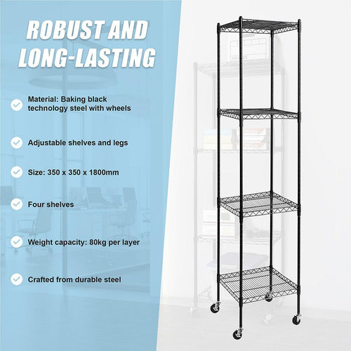 Modular Wire Storage Shelf 350 x 350 x 1800mm Steel Shelving - Baking Black Technology with Wheels