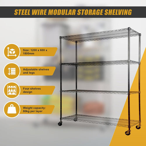 Modular Wire Storage Shelf 1200 x 600 x 1800mm Steel Shelving - Carbon Chrome Plated with Wheels