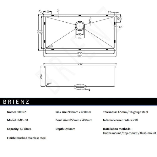900x450mm Stainless Steel Handmade 1.5mm Sink with Waste in Stainless Steel with brushed finish Finish
