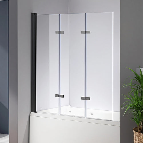 3 Fold Black Folding Bath Shower Screen Door Panel - 130 x 140cm