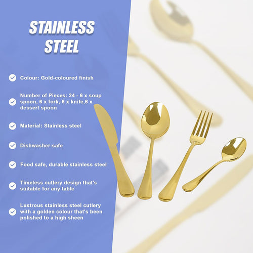 24-piece Gold Cutlery Flatware Stainless Steel Silverware Set Reflective Mirror Finish