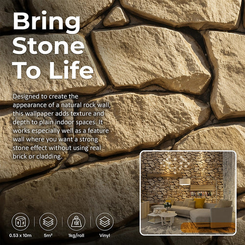 Rock Brick Wallpaper – Rustic 3D Stone Look Vinyl Roll