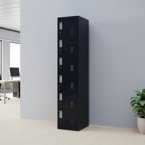 6-Door Black Metal Locker Cabinet – Vertical Storage with Standard Lock with 2 Keys for Office, School