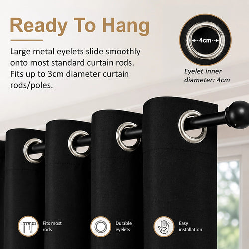 Black 2X Blockout Curtains – Blackout Window Draperies Pair with Eyelets for Bedroom 132x244cm