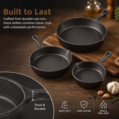 Chef Cast Iron Frying Pan Set – 3-Piece Skillet, Grill & Oven-Safe Cookware for Versatile Home Cooking