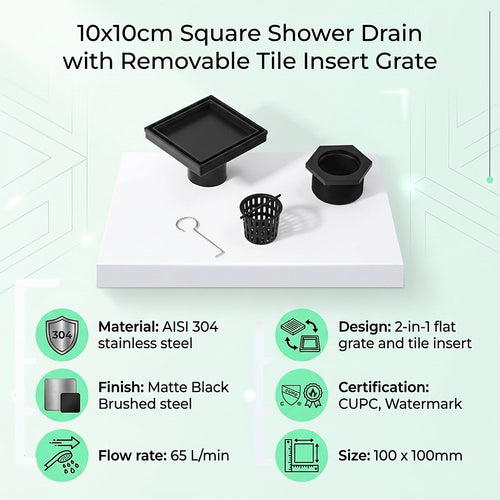 10 x 10cm Square Shower Drain with Tile Insert Grate – Matte Black Stainless Steel