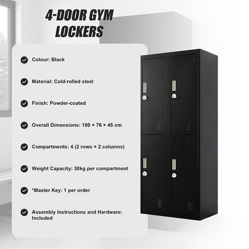 4-Door Metal Locker – 2x2 Layout, Black, 3-Digit Combination Lock