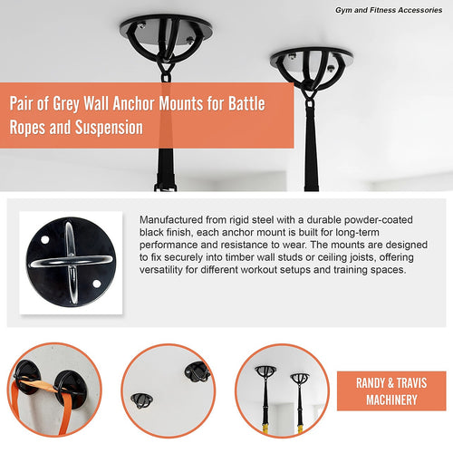 Pair of Black Wall Anchor Mounts for Battle Ropes, Suspension Training & Gym Use