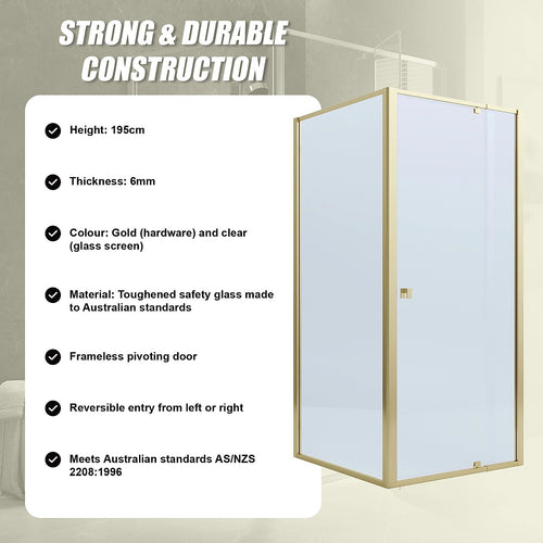 Adjustable Semi Frameless Shower Screen Front: (114~122)x195cm with Gold Hardware and Side: (98~101)x195cm