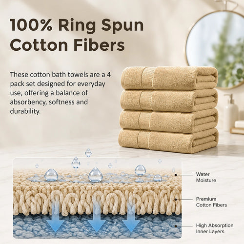 500 GSM Cotton Bath Towels 4 Pack Beige