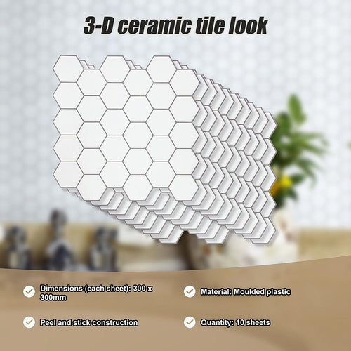 Tiles 3D Peel and Stick Wall Tile Hexagon White 10 Sheets