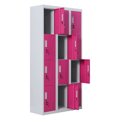 Grey with Pink Door 12-Door Locker for Office Gym Shed School Home Storage - Standard Lock with 2 Keys