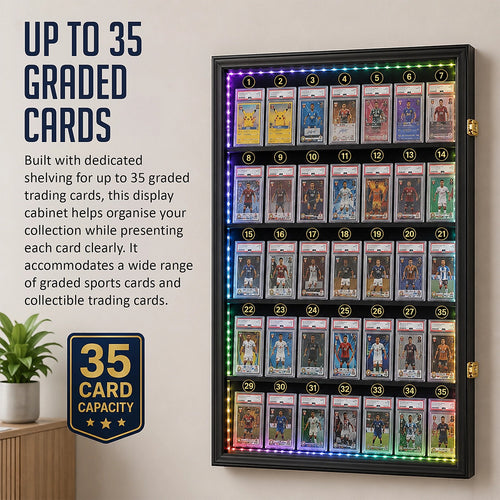 LED Trading Card Display Case for 35 Graded Cards Lockable Wall Frame