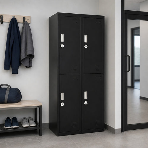 4-Door Metal Locker – 2x2 Layout, Black, 3-Digit Combination Lock