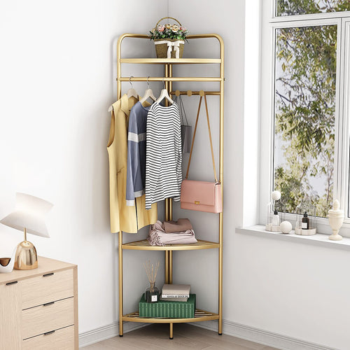 Corner Gold Clothing Rack – Stylish Metal Clothes Storage Stand for Bedroom & Wardrobe Organisation