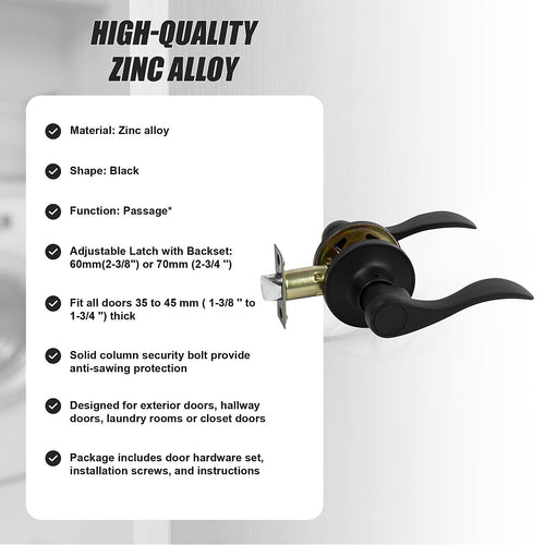 Door Handle Set Lever – Passage Function with Wave-style Black Design and Functional Style